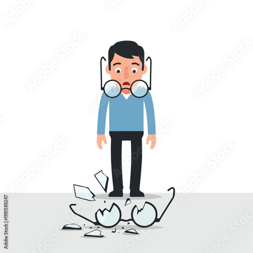 Man in blue sweater looking down at broken eyeglasses on the ground, shocked