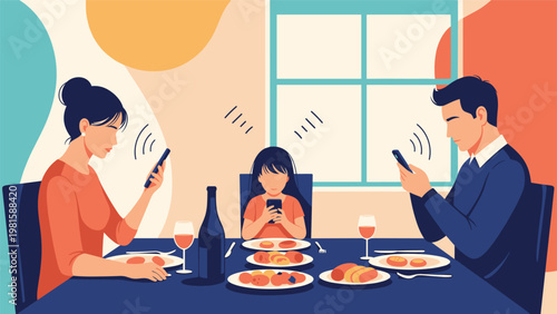 Family sitting at a dinner table ignoring each other while everyone is busy using their own smartphone for social media and browsing.