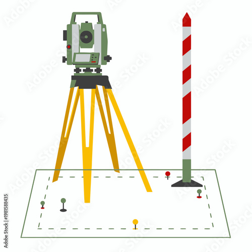 Surveying equipment measuring land with theodolite and target pole
