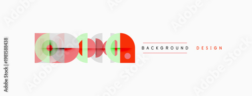 Abstract geometric shapes overlap, creating vibrant background design. Red, green, pink hues dominate composition. Minimalist style.