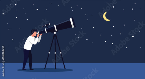 Man observing the starry night sky and crescent moon through a large telescope