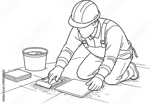 Tile Installation Worker Line Art – Construction Flooring Vector Illustration