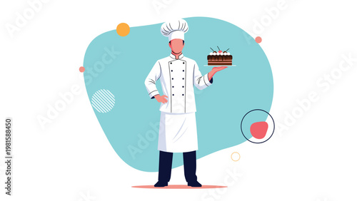 Professional male chef wearing a white uniform and hat holding a delicious chocolate cherry cake on a platter against a blue background.