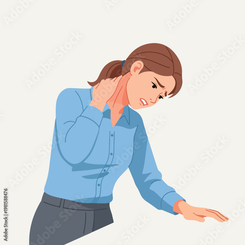Illustration of a woman in a blue shirt suffering from neck pain and stiffness