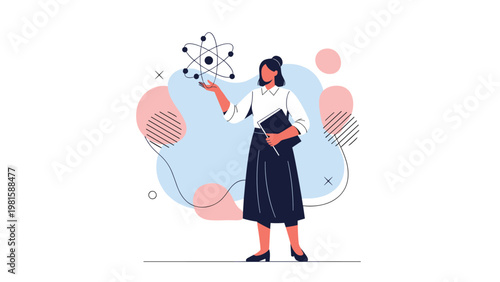 Female science teacher or researcher holding an atom model and a folder while standing in front of abstract shapes for education.
