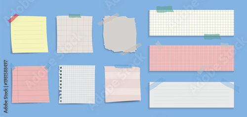 Collection of colorful sticky notes and papers on a blue background. Sticky notes in various sizes and colors. Papers with grid and lined patterns. Cute memo vector illustration set.