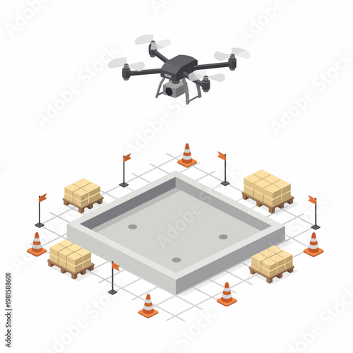 Drone hovering over a construction site with boxes and cones