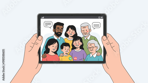 Hands holding a tablet displaying a video call with a large multi generational family smiling together during a virtual connection.