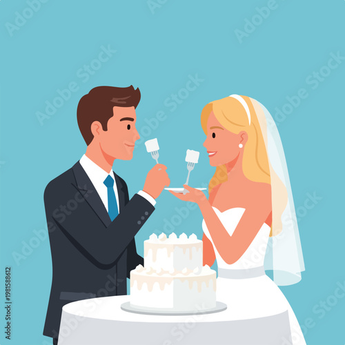 A happy newlywed couple feeds each other cake at the wedding celebration graphic