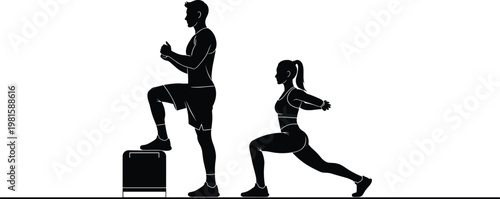 A silhouette illustration depicts a man performing a box jump and a woman doing a lunge exercise high quality professional detailed