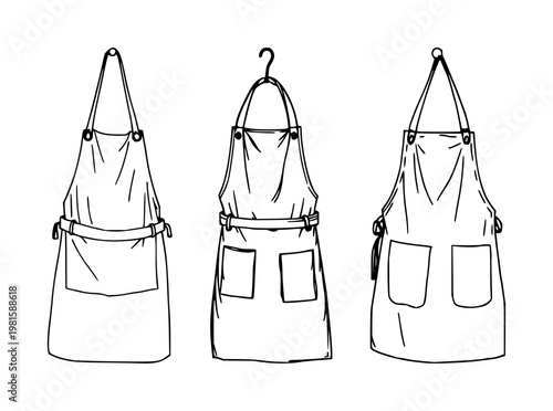 Alchemist's apron set with hand‑drawn line art depicting an apron hanging on a peg featuring alchemist, apron, peg with simple line illustration and white background