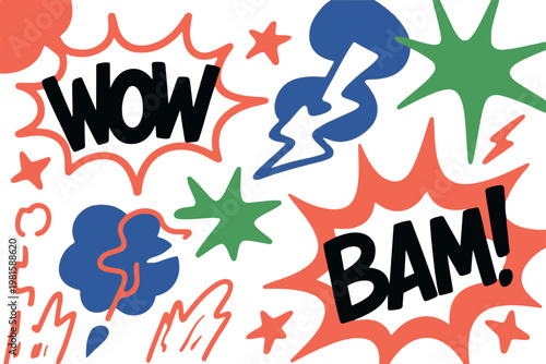 Vibrant comic speech bubbles WOW BAM with abstract shapes and stars on transparent background.