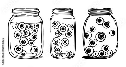 Glass jar set with sketchy organic art of floating eyeballs featuring artistic, surreal, illustration with glass and organic design