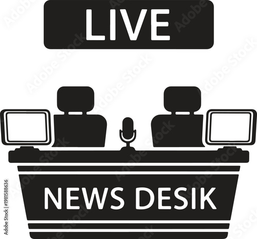 Live news desk setup with two anchors and a microphone for news broadcast