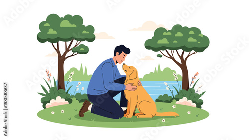 Man kneeling on the grass and petting his golden retriever dog in a beautiful park with trees and a lake in the background at sunset.