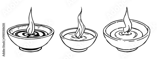 Incense burning ritual set with hand-inked line art illustrating a burning resin dish featuring aromatherapy, spirituality, meditation with traditional ceremony and relaxation