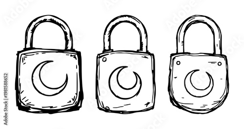 Padlock set with a rough sketchy art style featuring an iron padlock, crescent moon, security with protection and drawing