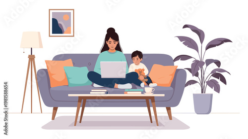 Young mother working on her laptop while sitting on a couch next to her small child who is playing with a teddy bear in a home office.