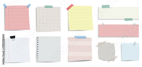 A collection of colorful sticky notes and paper sheets. Sticky notes in various colors and paper sheets with different patterns. Sticky notes and paper sheets for reminders. Cute memo vector set.