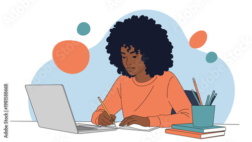 Young woman with curly hair studying hard with a laptop and a notebook at a desk filled with pencils and books for university exams.
