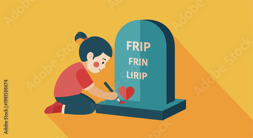 Flat illustration of a girl drawing a red heart on a tombstone to show love