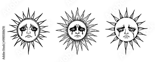 Alchemical sun illustration set with sketchy black line art featuring crying eyes, mystical symbols, esoteric art with celestial motifs and astrological design