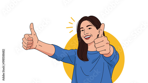 Cheerful young woman wearing a blue shirt gives a double thumbs up gesture with a big smile to express success and positive approval.