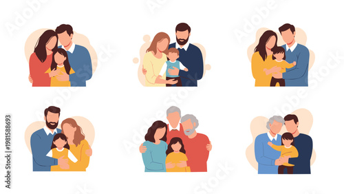 Collection of diverse family portraits showing parents with their children and grandparents in warm embraces for a love and bond theme.
