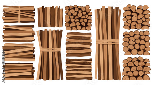 Assortment of wood logs and branch piles in various stacks and bundles for fireplace fuel and outdoor camping construction materials.