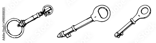 Old key set with detailed hand-drawn line art featuring a heavy iron design, intricate patterns, and an antique aesthetic with vintage style and mystery