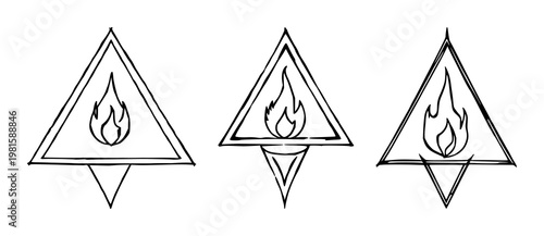 Alchemical triangle set with sketchy black line art featuring flame, alchemy symbols, geometric shapes with illustration and vector design