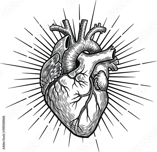Detailed anatomical human heart vector illustration featuring vintage woodcut engraving style with sunburst rays representing life energy cardiology health and medical science concept.