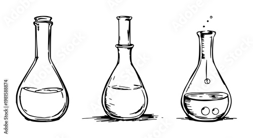 Glass alembic set with rough sketchy art on white background featuring distillation equipment, glassware, laboratory tools with alembic and laboratory