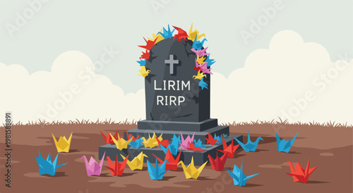 Colorful origami cranes scattered around and draped on a gray memorial headstone