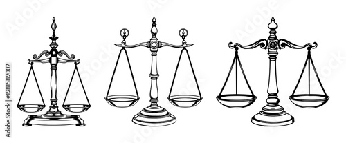 Ornate brass balance scales set with a hand-drawn line art design featuring measurement, justice, equilibrium with weight and wisdom