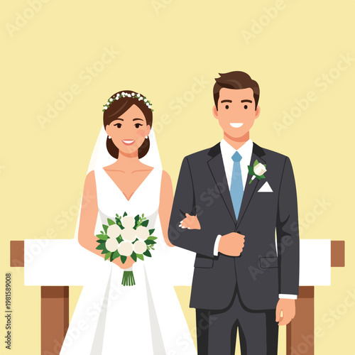 Illustration of a happy bride and groom standing together at a wedding ceremony
