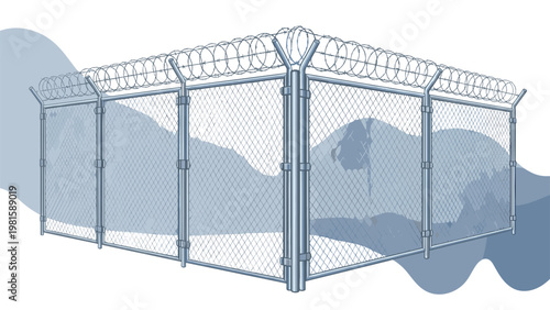 High security chain link fence topped with sharp razor wire and barbed wire against an abstract blue background for protection concepts.