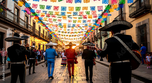 Mariachi musicians performing and walking down a vibrant traditional festive street adorned with colorful papel picado at sunset.