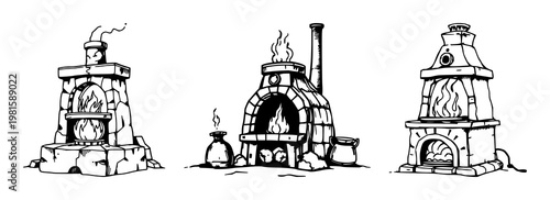 Alchemical furnace set with sketchy line art detail featuring furnace, alchemy, diagram with white background and illustration