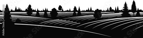 Farmland fields landscape with trees silhouette minimal vector illustration design
