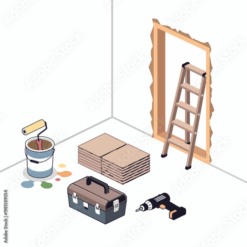 Renovation and handyman tools including ladder, drill, and paint roller