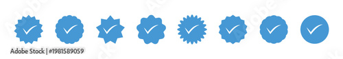 Account verify icon, verified badge icon with check mark tick symbol. Verified badge icon tick, check marks set symbol. Blue Verified badge icon set. Blue tick check with social media account icon. 