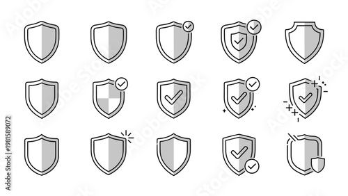 Large collection of security shield icons in various styles including check marks and outlines for data protection and safety concepts.