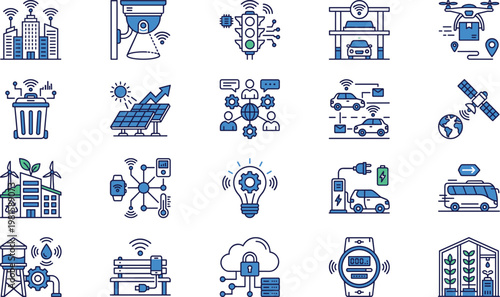 Smart city and internet of things vector icon set featuring IoT devices, automation, renewable energy, connected transport, cloud computing and smart home technology symbols