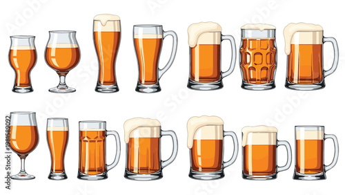 Collection of various beer glasses filled with golden lager and thick white foam tops showing different styles of craft beer glassware.