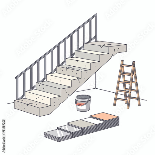 Concrete staircase with a ladder, bucket, and new steps