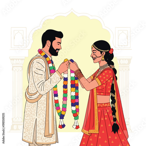 Illustration of Indian bride and groom exchanging colorful garlands in ceremony