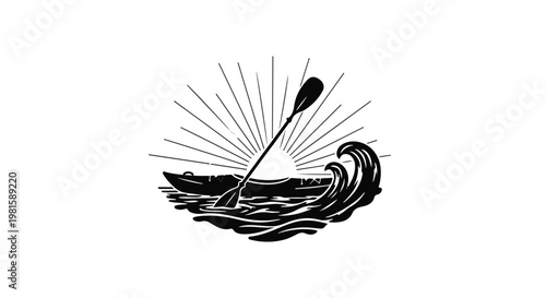 rowing boat sea wave sunrise illustration