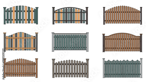 Comprehensive set of various architectural fence styles made from wood and metal to enhance residential property boundaries.