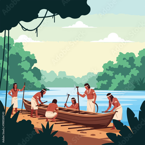 Indigenous people building a traditional wooden canoe on the tropical river bank